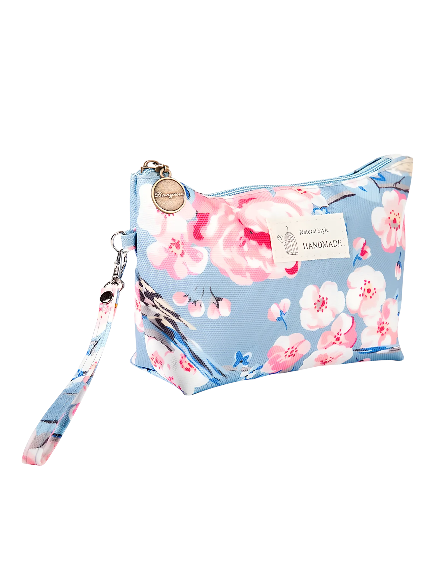 Pequena bolsa de maquilhagem floral de primavera com motivos florais em azul celeste