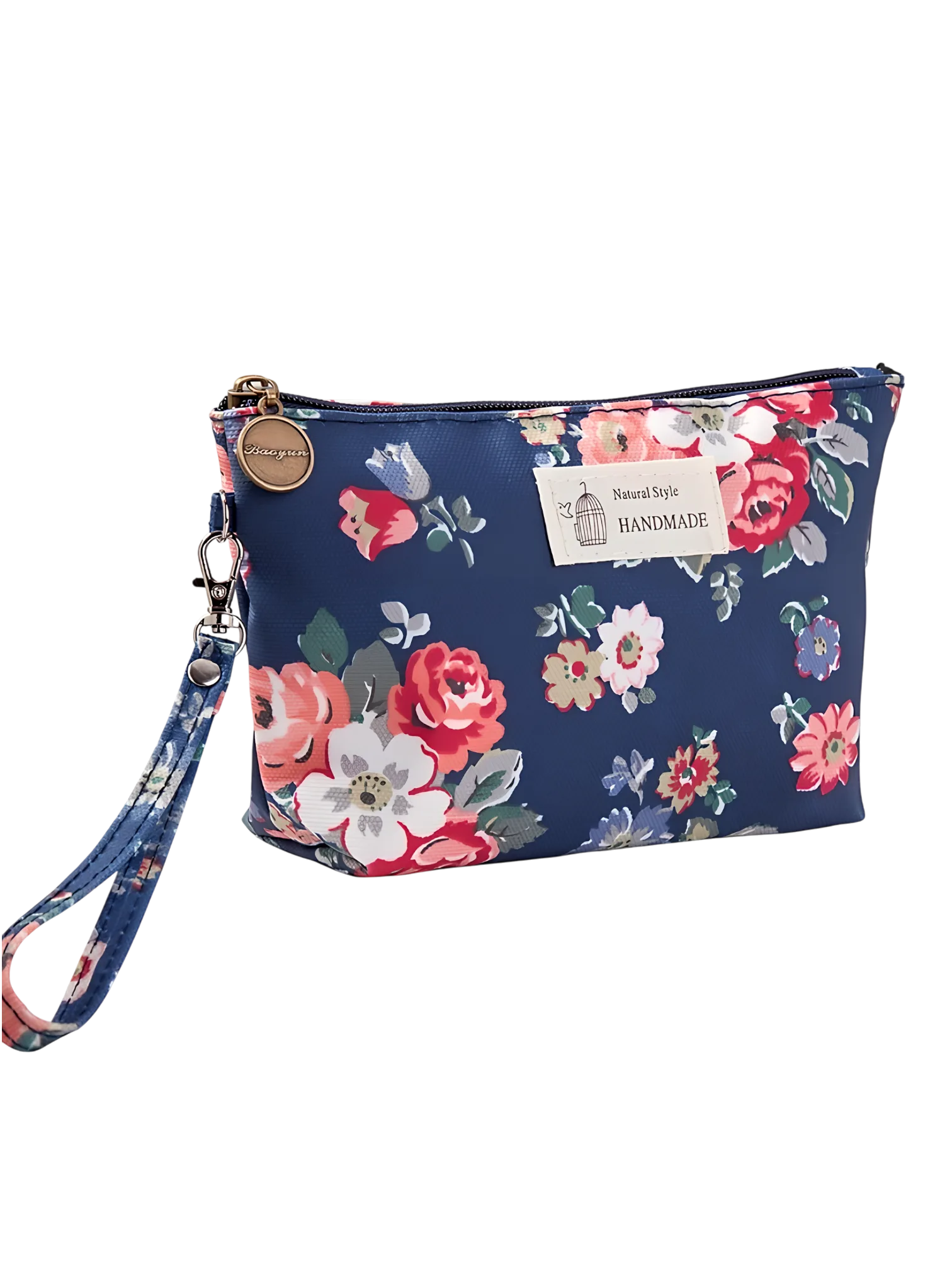 Pequena bolsa de maquilhagem floral de primavera com motivo floral azul-marinho