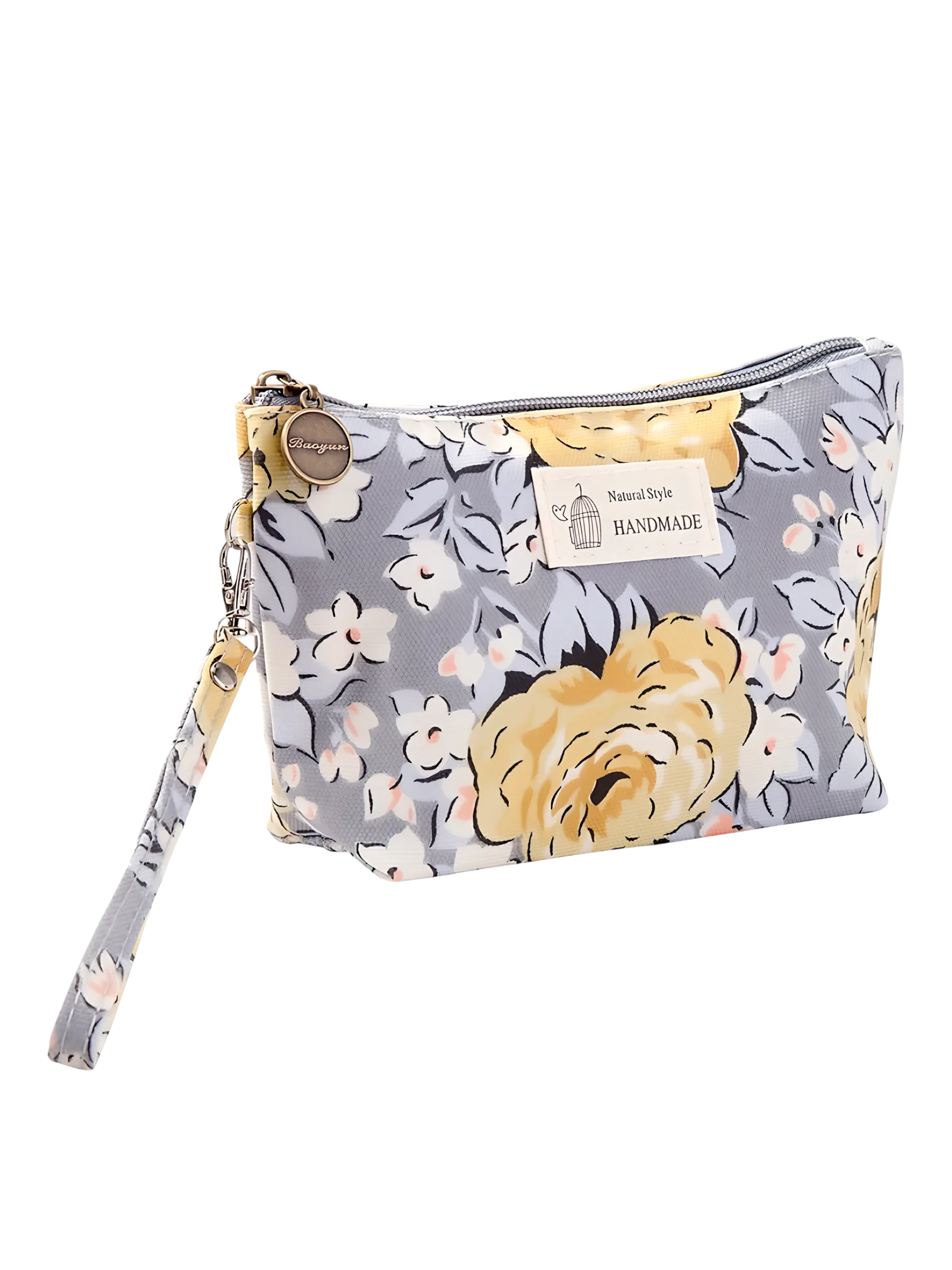 Pequena bolsa de maquilhagem floral de primavera com motivos florais cinzentos