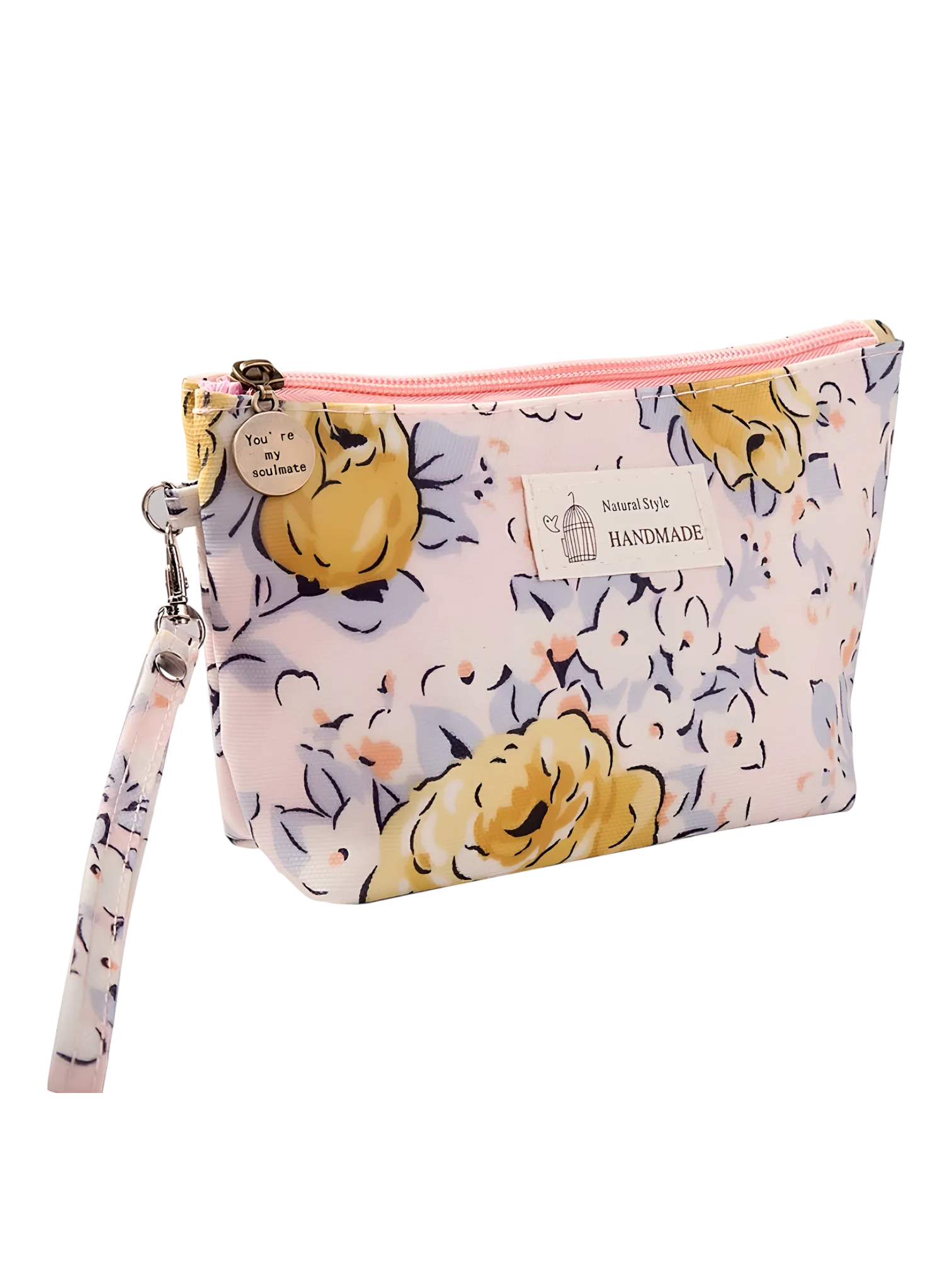 Pequena bolsa de maquilhagem floral de primavera com motivo floral de rosas amarelas