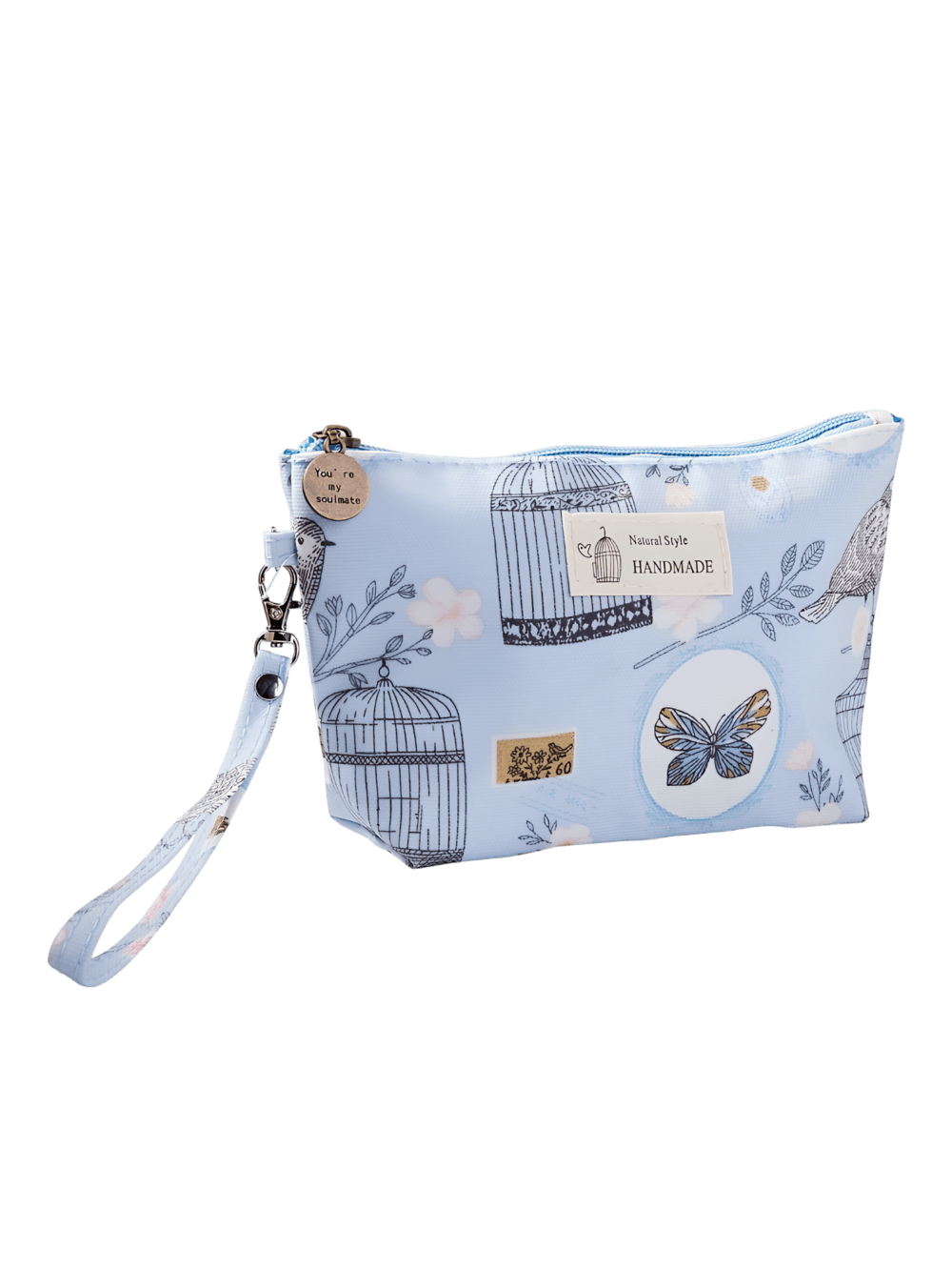 Petite trousse de maquillage florale printanière motif jardin printanier bleu ciel