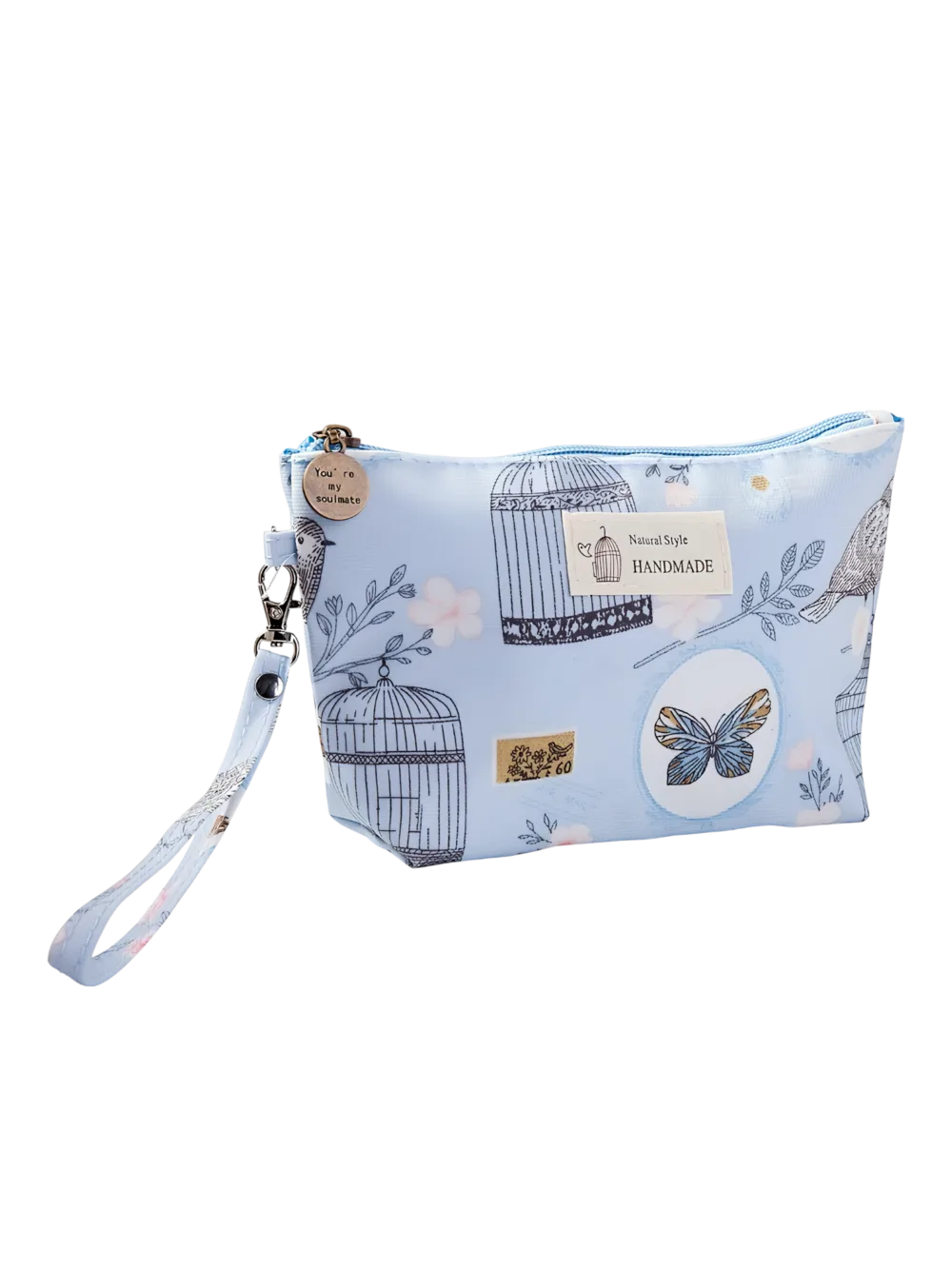 Small spring floral make-up bag with sky blue spring garden motif Small spring floral make-up bag with sky blue spring garden motif