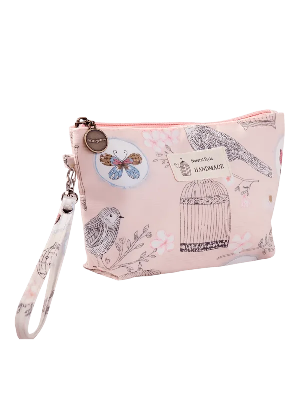 Pequena bolsa de maquilhagem floral de primavera com motivo de jardim primaveril cor-de-rosa
