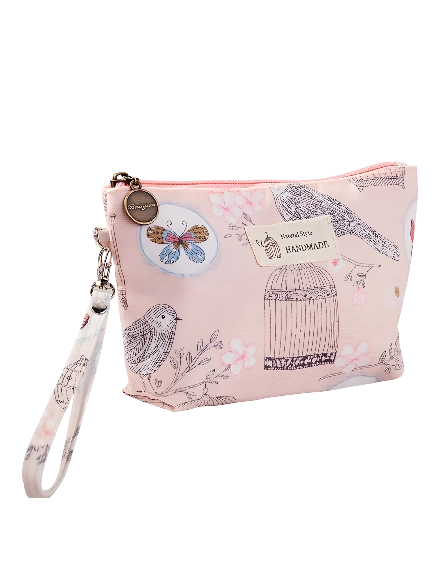 Pequena bolsa de maquilhagem floral de primavera com motivo de jardim primaveril cor-de-rosa