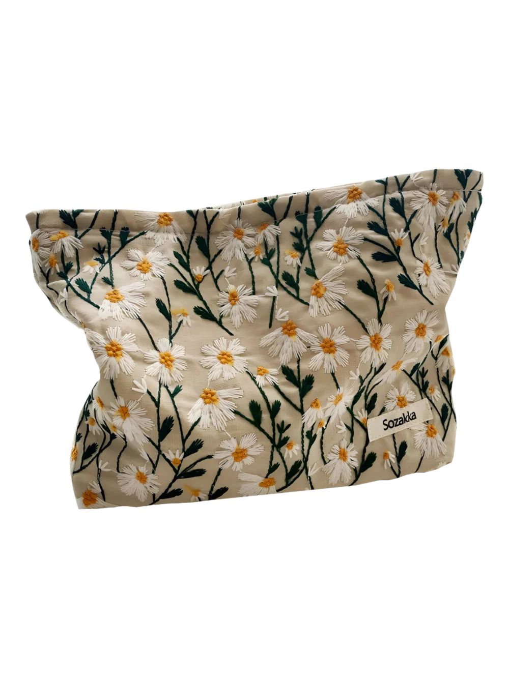 Trousse de maquillage brodée fleurie pâquerettes punch needle grand modèle blanc