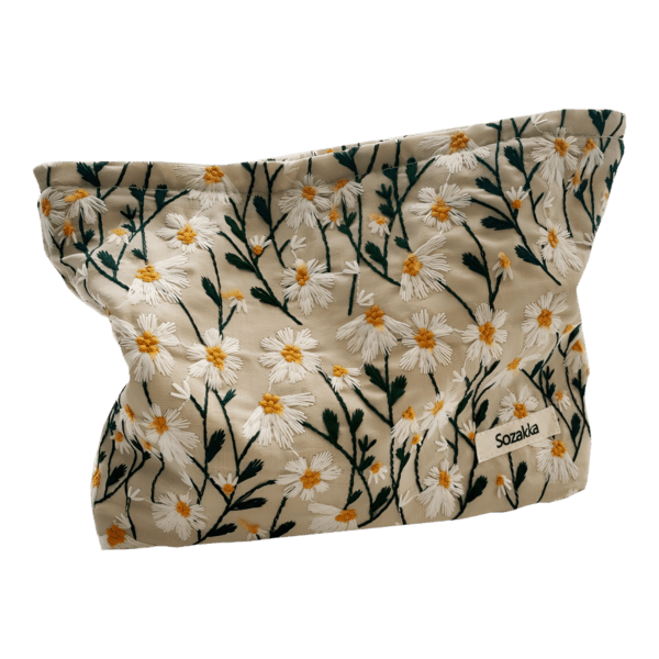 Trousse de maquillage brodée fleurie pâquerettes punch needle grand modèle blanc