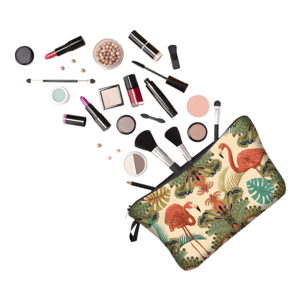Trousse de maquillage bucolique flamants roses simple présentation