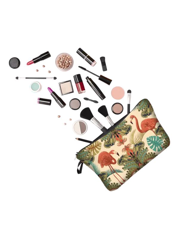 Trousse trucco bucolica fenicotteri rosa semplice presentazione