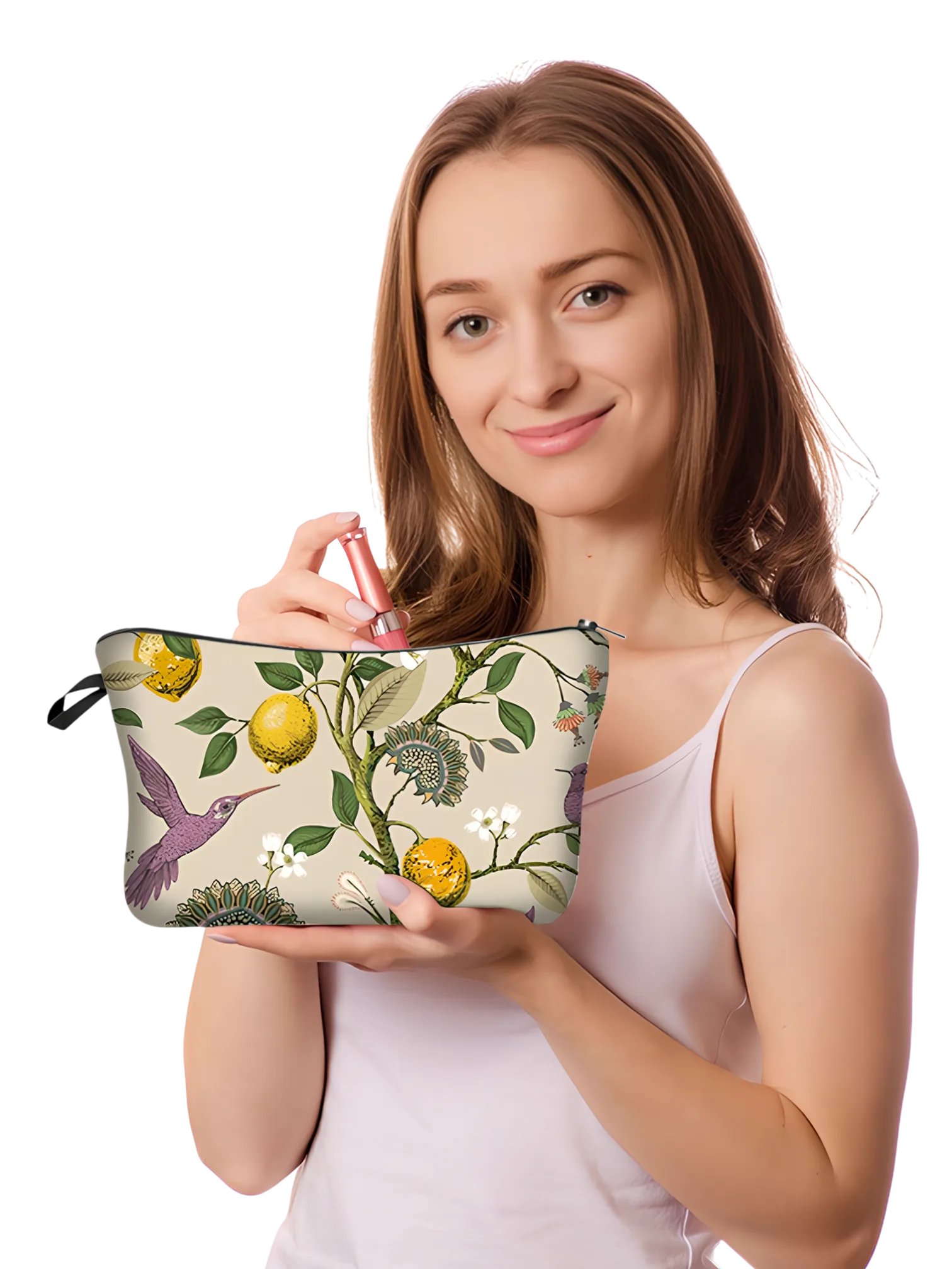 Trousse de maquillage bucolique florale simple mannequin tenant le modèle citronnier