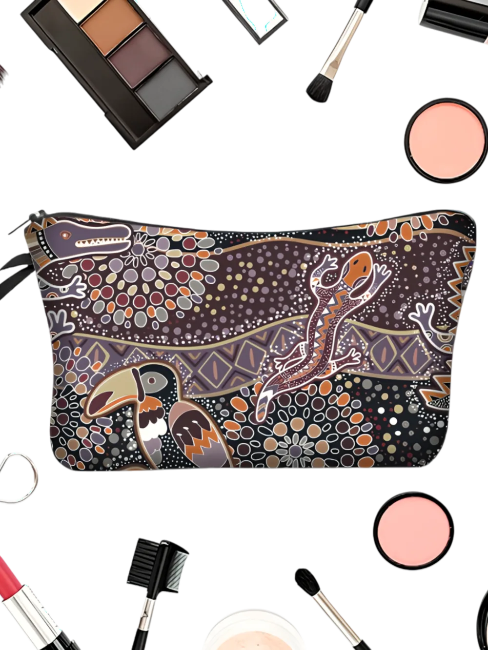 Trousse de maquillage ethnique tribale simple motif toucan salamandre présentation
