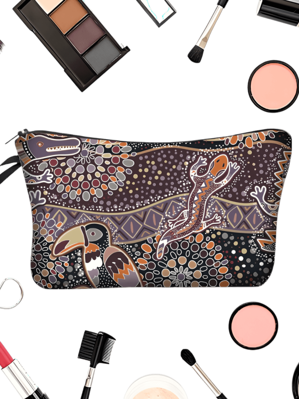 Ethnische Schminktasche mit einfachem Toucan-Salamander-Motiv, Präsentation Ethnische Schminktasche mit einfachem Toucan-Salamander-Motiv, Präsentation
