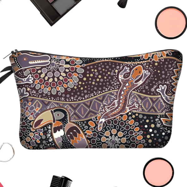 Trousse de maquillage ethnique tribale simple motif toucan salamandre présentation