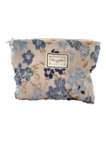 Borsa per il trucco in tessuto broccato floreale blu Borsa per il trucco in tessuto broccato floreale blu