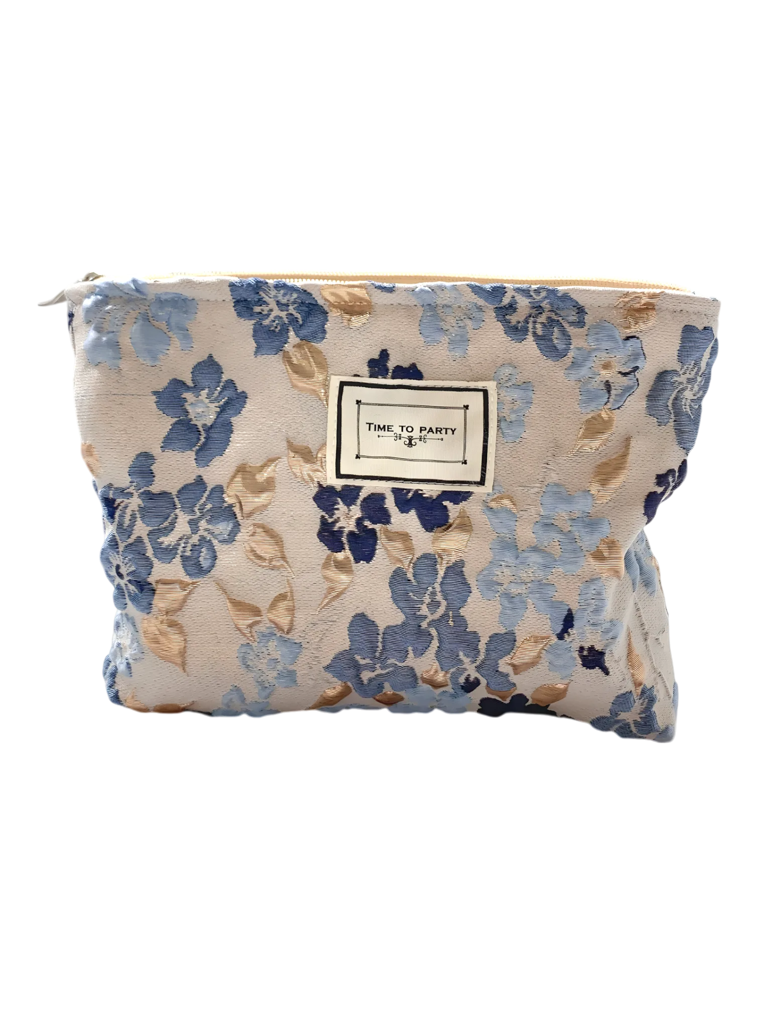 Borsa per il trucco in tessuto broccato floreale blu