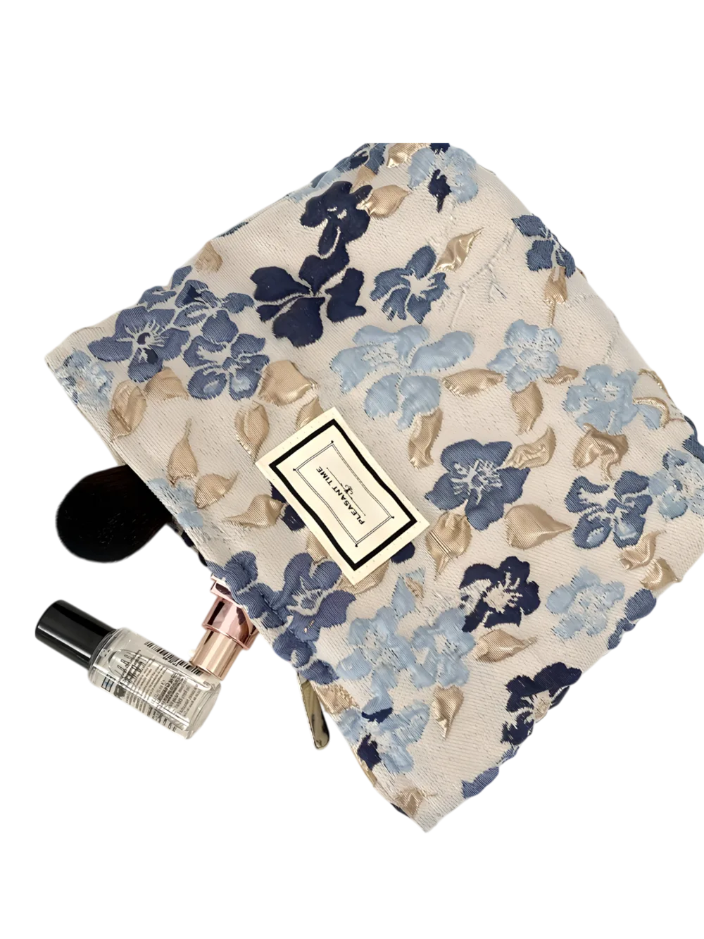 Pochette da trucco in broccato blu con motivo floreale Pochette da trucco in broccato blu con motivo floreale