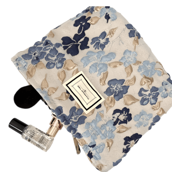 Trousse de maquillage tissu brocart florale bleue