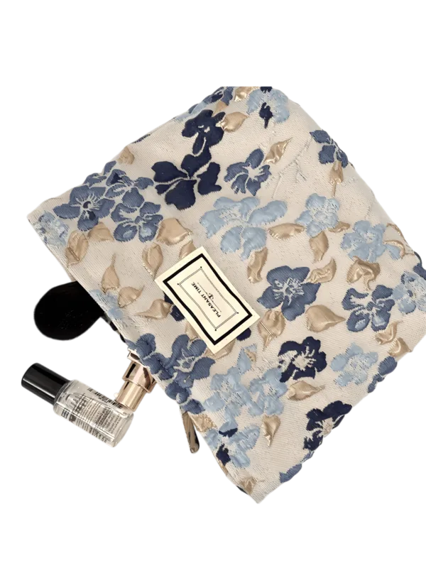 Trousse de maquillage tissu brocart florale bleue