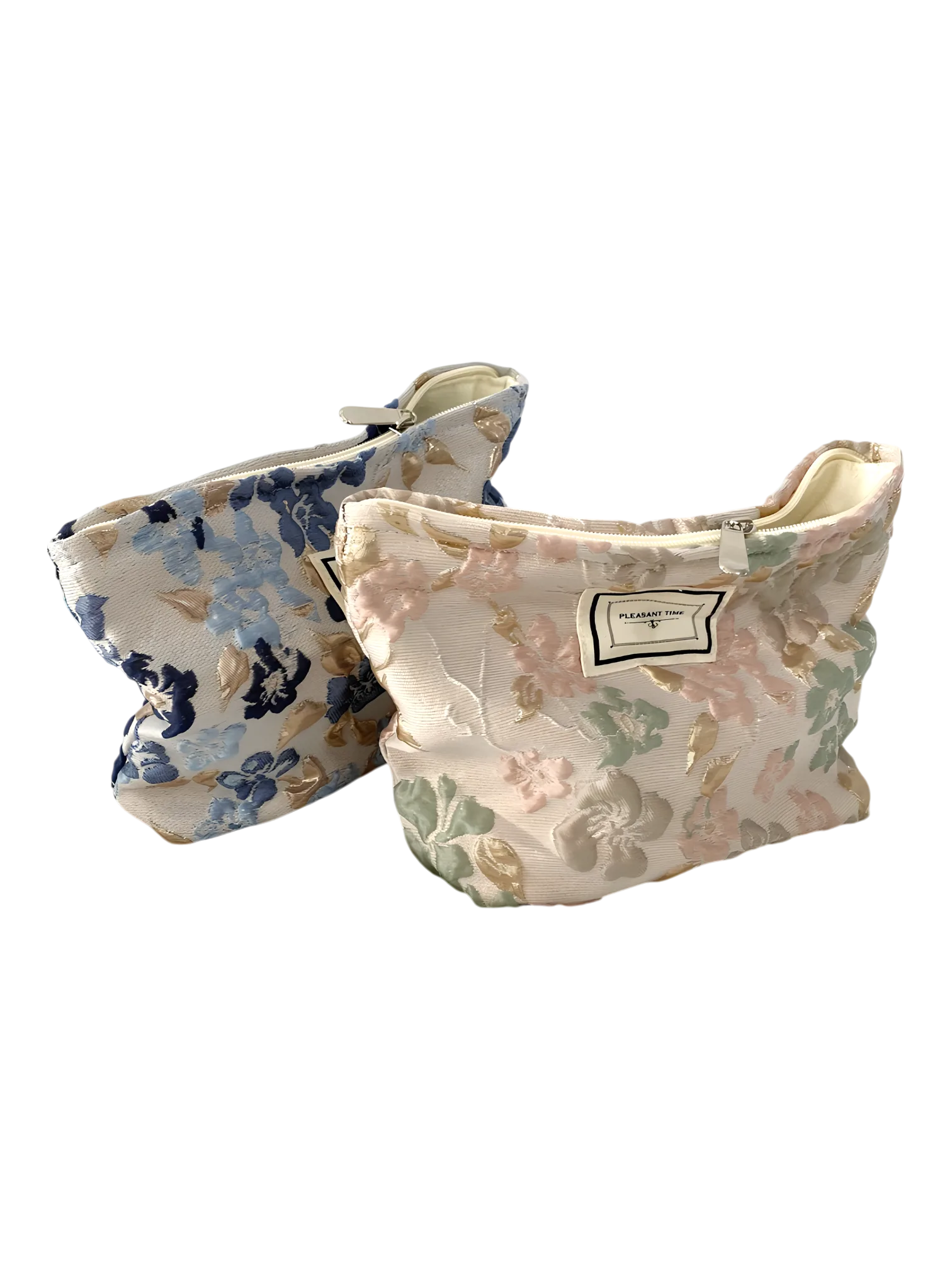 Trousse de maquillage tissu brocart florale bleue rose 1