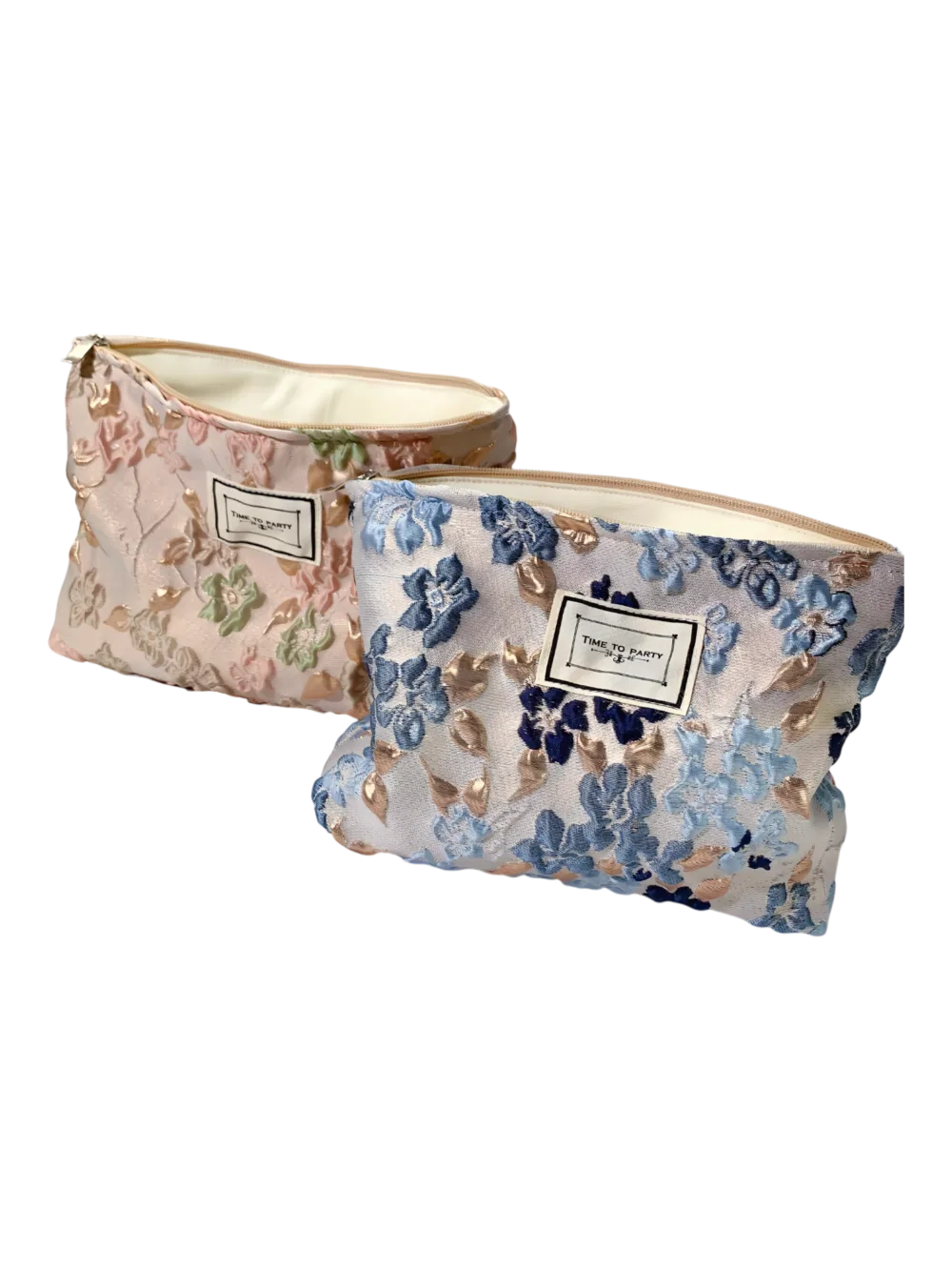 Rosa, blu, tessuto broccato floreale, borsa per il trucco Rosa, blu, tessuto broccato floreale, borsa per il trucco