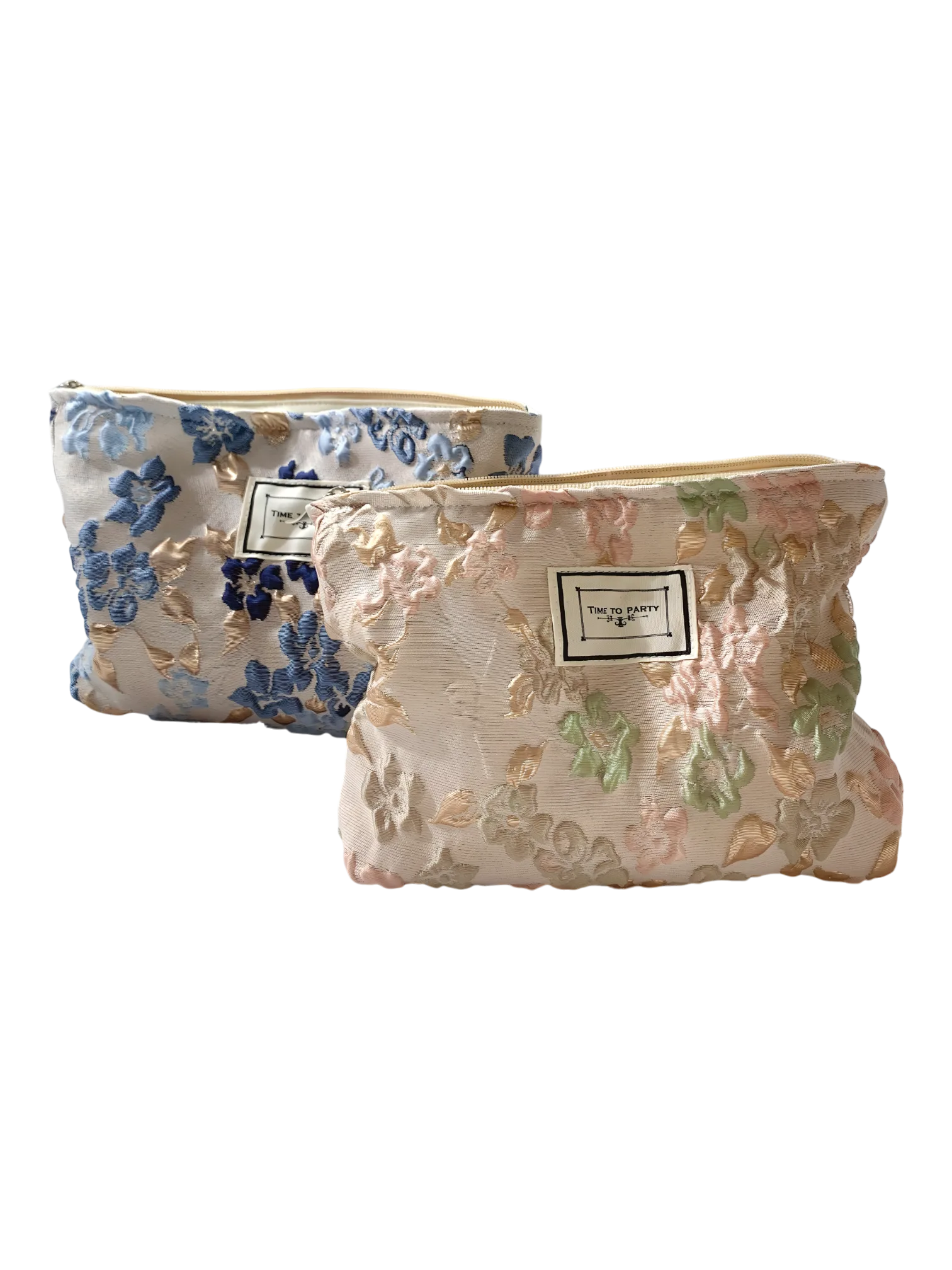 Trousse de maquillage tissu brocart florale bleue rose 2
