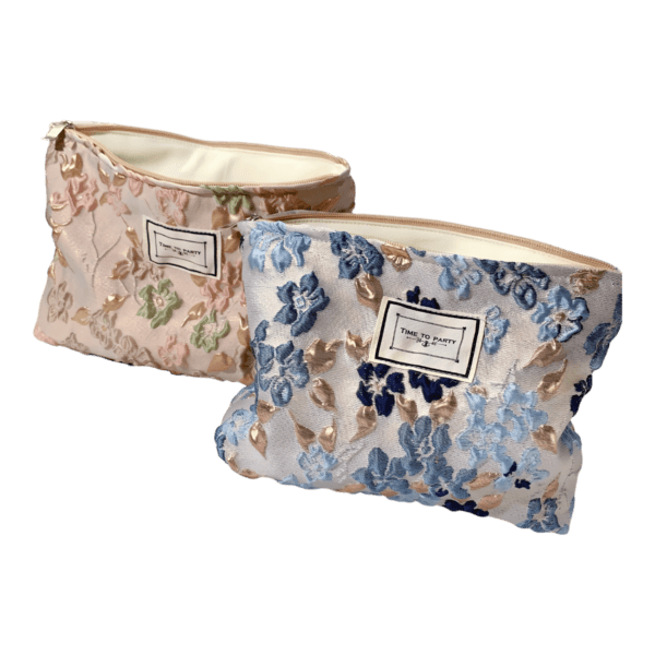 Trousse de maquillage tissu brocart florale bleue rose