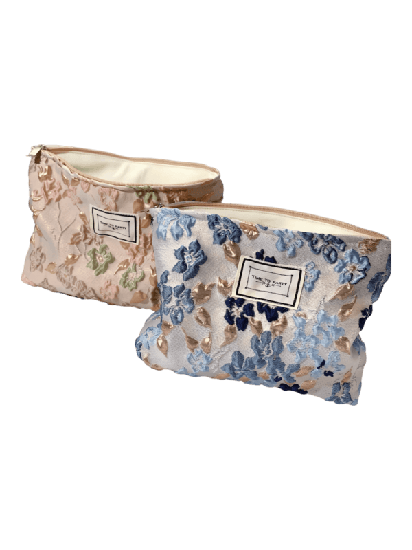 Trousse de maquillage tissu brocart florale bleue rose
