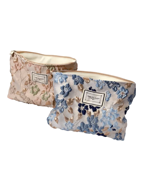 Trousse de maquillage tissu brocart florale bleue rose