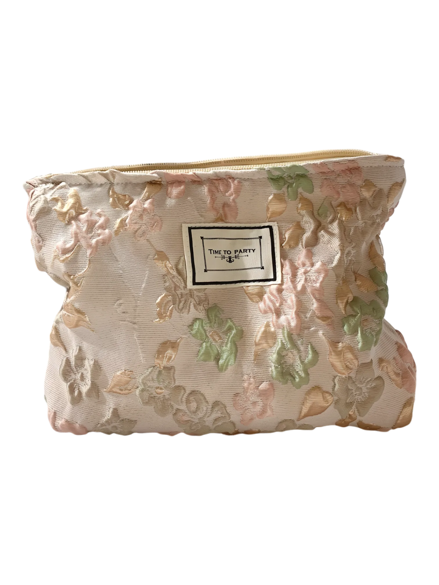 Borsa per il trucco in tessuto broccato floreale rosa