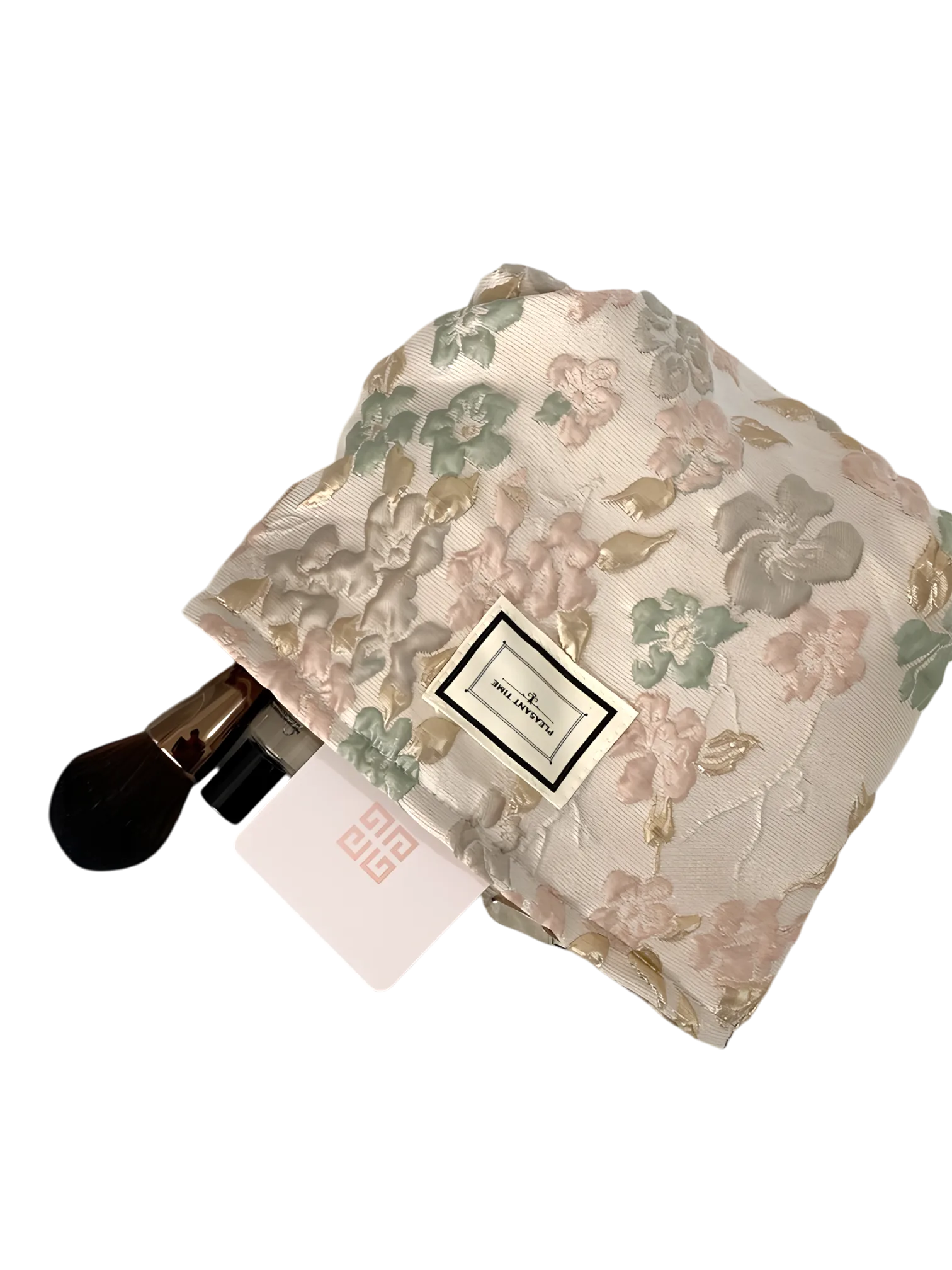 Trousse de maquillage tissu brocart florale rose