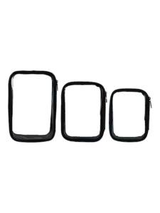 Neceser de maquillaje impermeable transparente negro compartimento único 3 modelos diferentes pequeño mediano grande