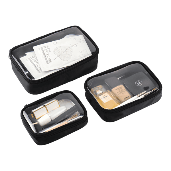 Trousse de maquillage transparente imperméable noire simple compartiment 3 tailles différentes