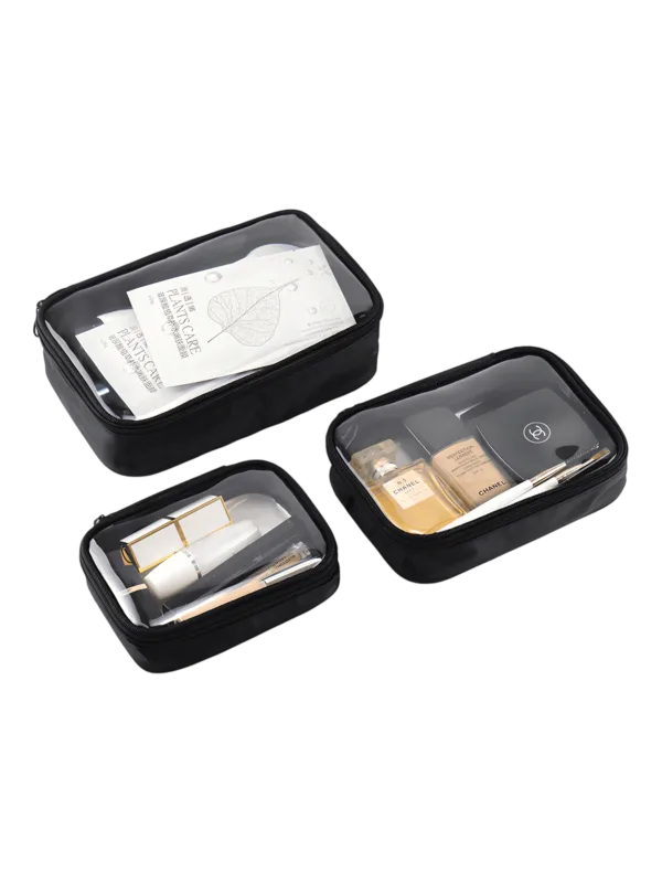 Saco de maquilhagem transparente à prova de água, preto, compartimento único, 3 tamanhos diferentes
