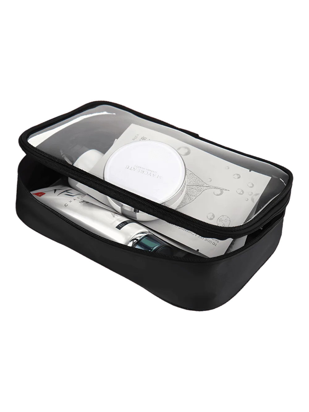 Neceser de maquillaje impermeable transparente, negro, compartimento único, modelo grande Neceser de maquillaje impermeable transparente, negro, compartimento único, modelo grande