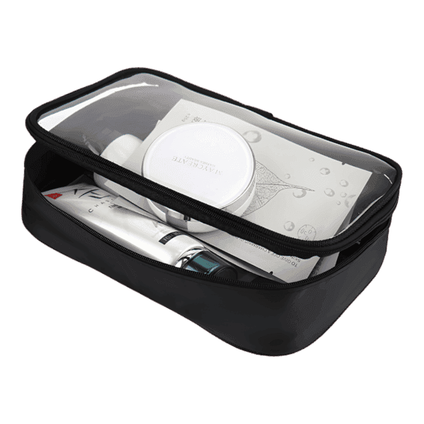 Trousse de maquillage transparente imperméable noire simple compartiment modèle large