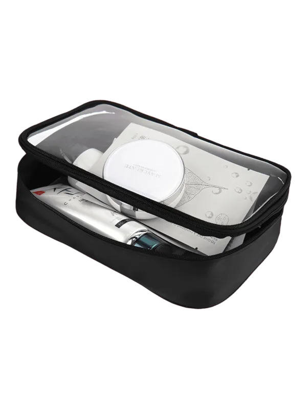 Trousse de maquillage transparente imperméable noire simple compartiment modèle large