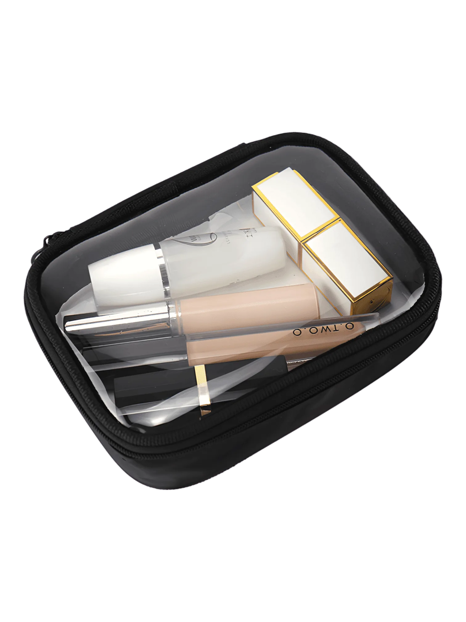 Neceser de maquillaje impermeable transparente de color negro con un amplio compartimento individual
