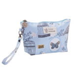 Trousse de maquillage femme petit format motif fleurs oiseaux bleu