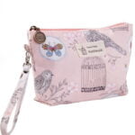 Trousse de maquillage femme petit format motif fleurs oiseaux rose pâle