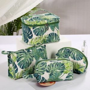 Trousse de toilette femme motif tropical feuilles vertes présentation