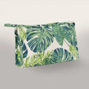 Trousse de toilette femme motif tropical feuilles vertes modèle triangulaire