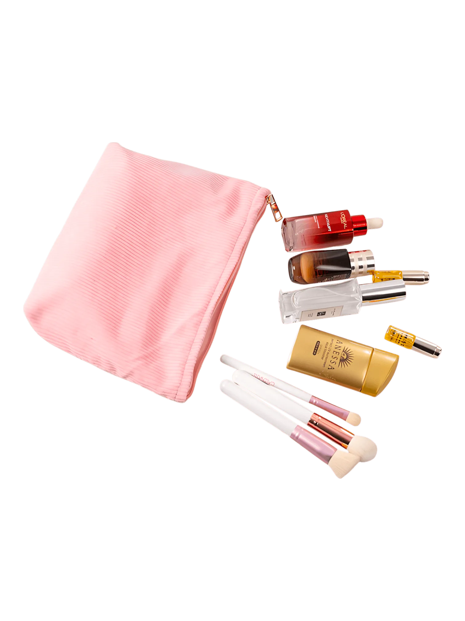 Trousses en velours colorées femme toilette maquillage modèle rose bonbon avec maquillage 2