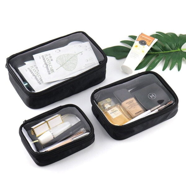 Trousse de maquillage transparente imperméable noire trio