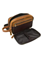 Borsa da toilette grande in pelle con scomparti e cinghie elastiche interne, stile cammello Borsa da toilette grande in pelle con scomparti e cinghie elastiche interne, stile cammello