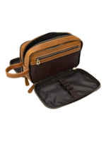 Neceser grande de piel con compartimentos y correas elásticas en el interior, estilo camel Neceser grande de piel con compartimentos y correas elásticas en el interior, estilo camel