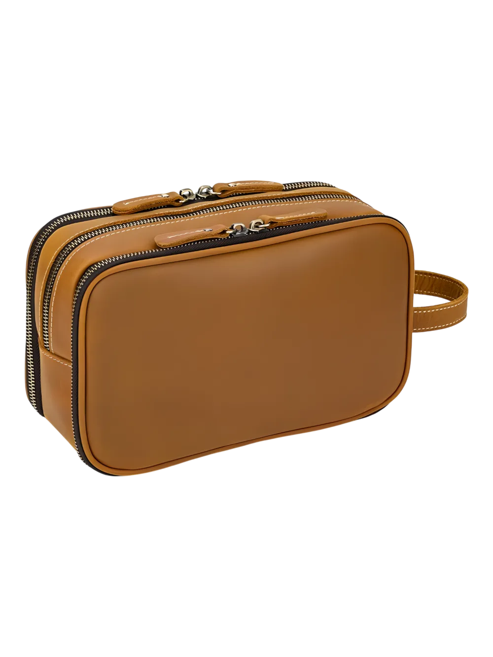 Borsa da toilette grande in pelle con scomparti e cinghie elastiche, modello cammello Borsa da toilette grande in pelle con scomparti e cinghie elastiche, modello cammello