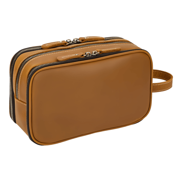 Grande trousse de toilette cuir compartimentée avec bandes élastiques modèle camel