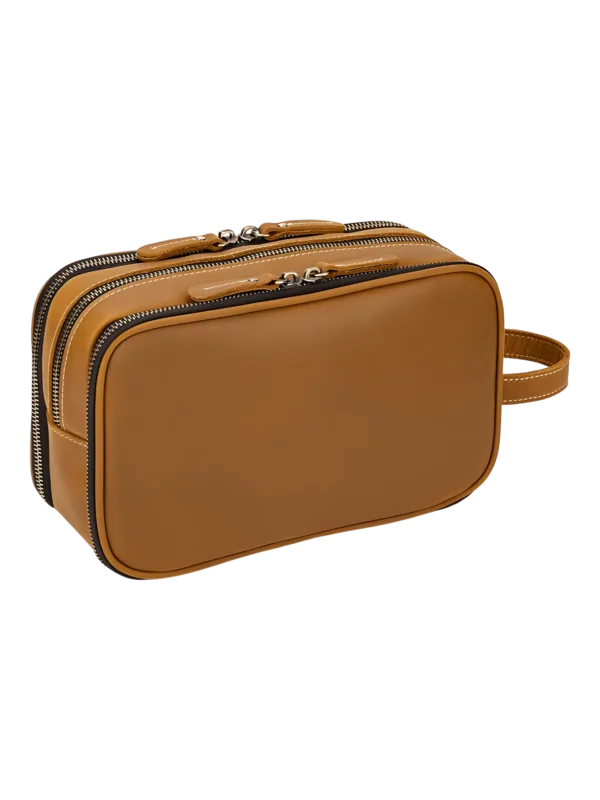 Bolsa grande de couro para produtos de higiene pessoal com compartimentos e alças elásticas, modelo camelo