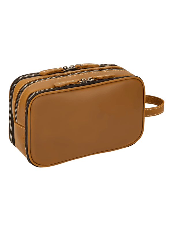 Borsa da toilette grande in pelle con scomparti e cinghie elastiche, modello cammello