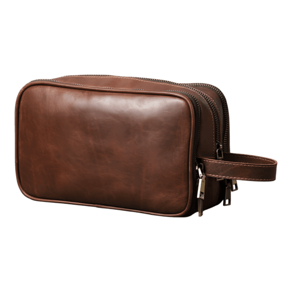 Grande trousse de toilette cuir compartimentée avec bandes élastiques modèle chocolat