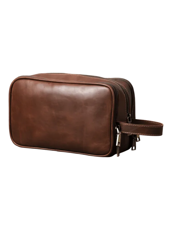 Large compartmentalized leather toiletry bag with elastic straps, chocolate model